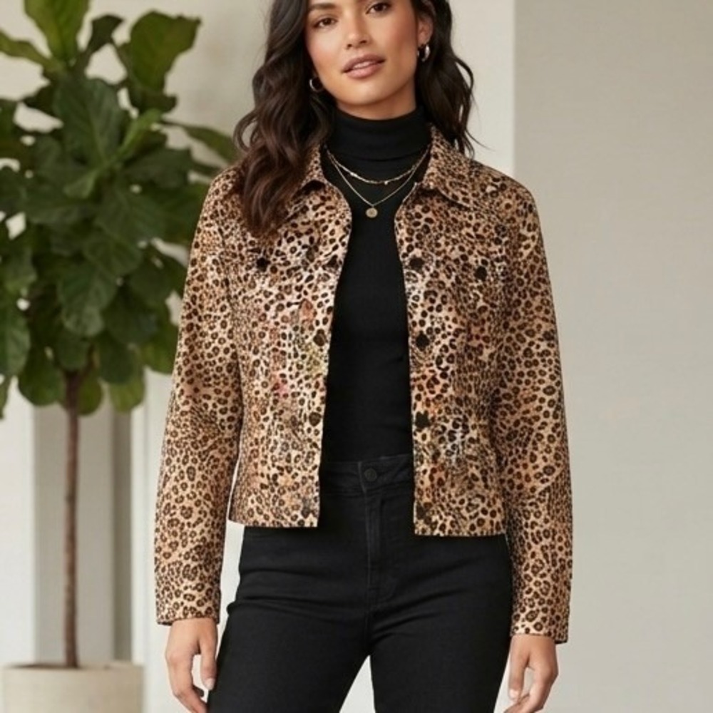 VTG Rave 4 Real Y2K Leopard Print Cotton Denim Trucker Jacket Made in USA Sz Sm